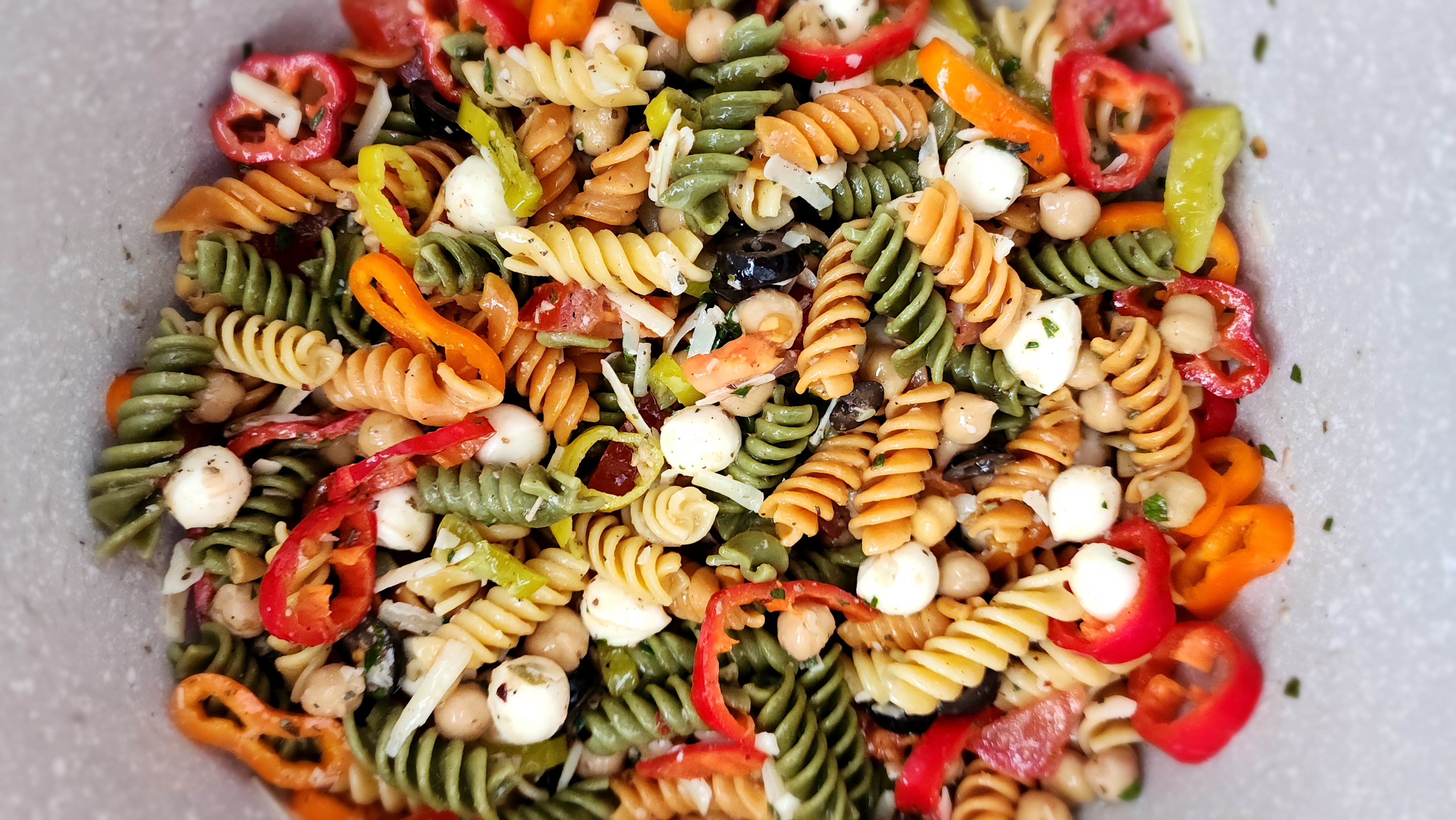 'Italian' Pasta Salad - all the ingredients mixed together in the mixing bowl