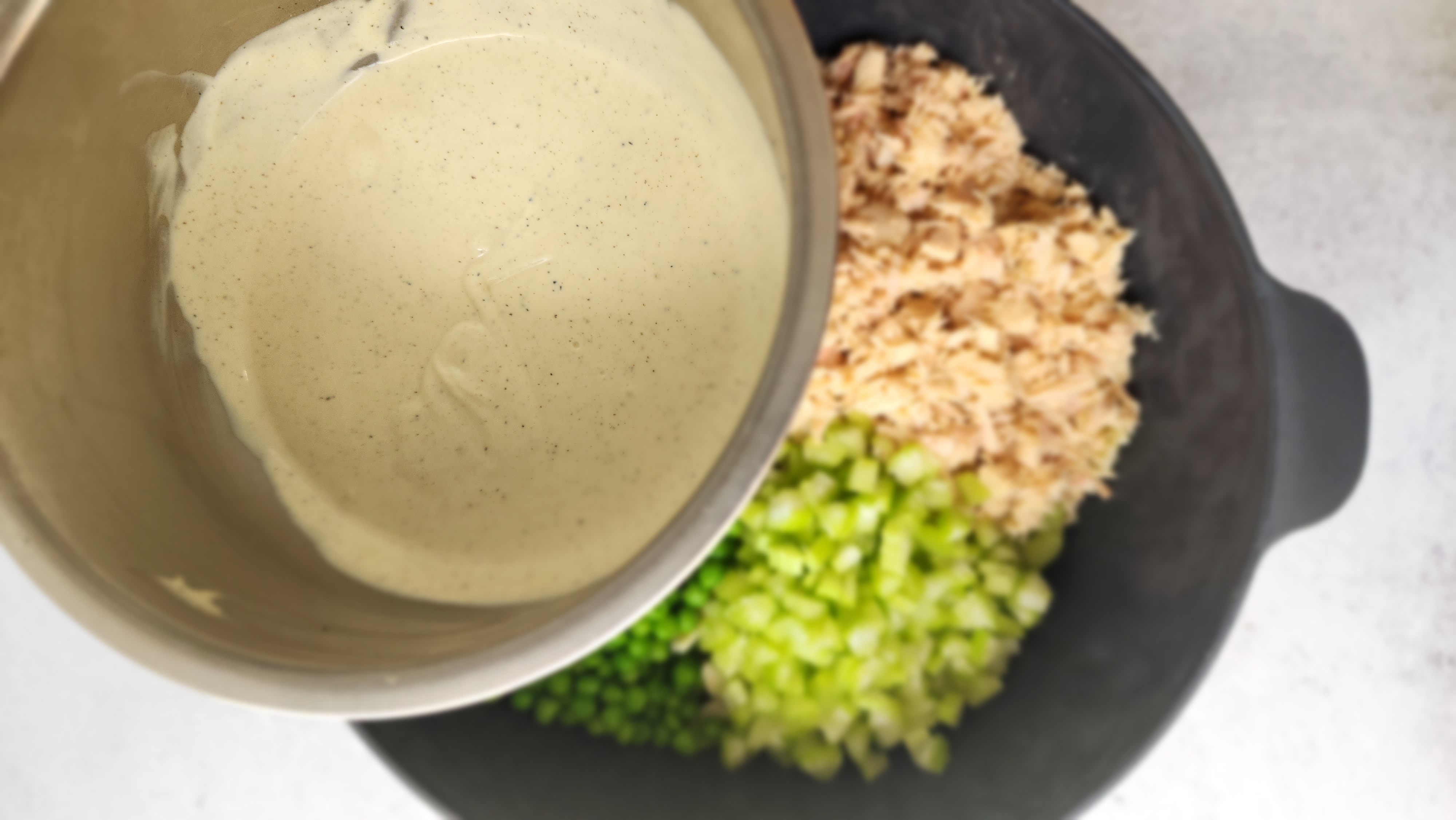 Tuna Pasta Salad - Dressing Ready to Add to all ingredients in a bowl