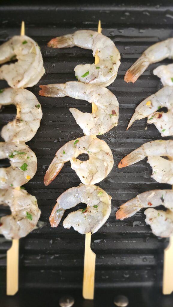 Grill Pan cooking marinated shrimp for grilled shrimp