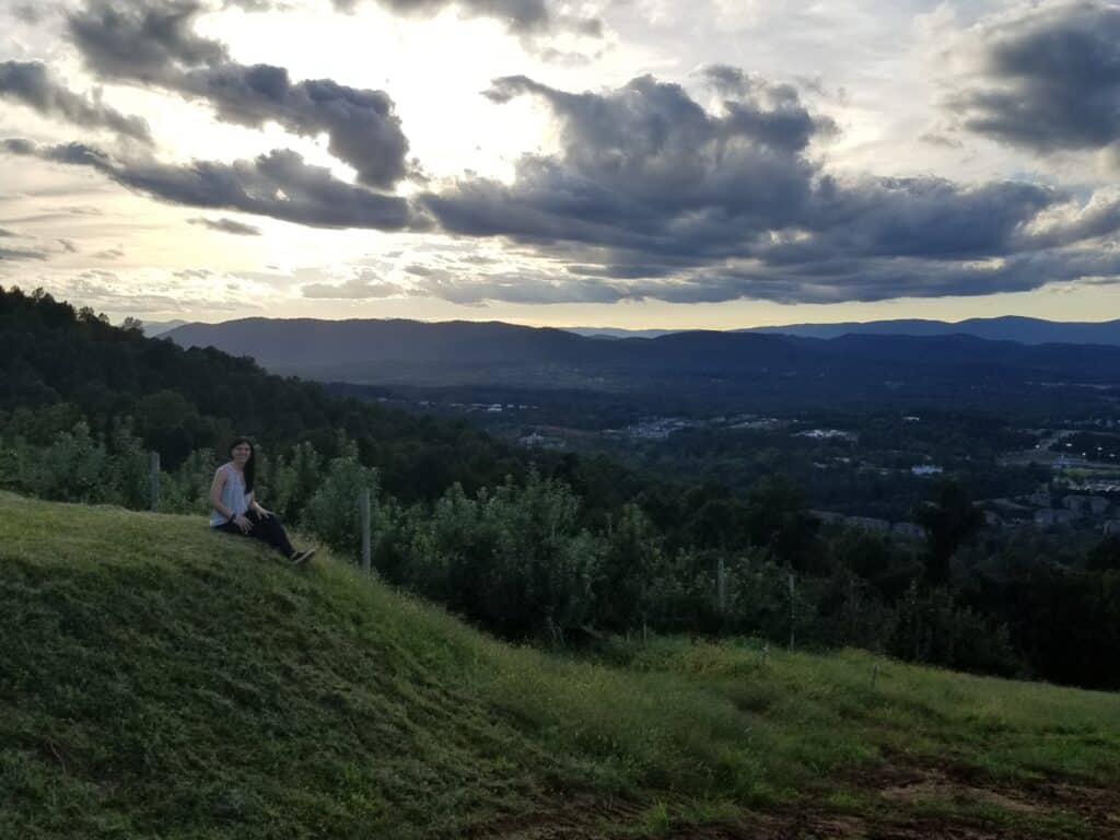 Sitting on a hill overlooking the Blue Ridge Mountains (apple season)