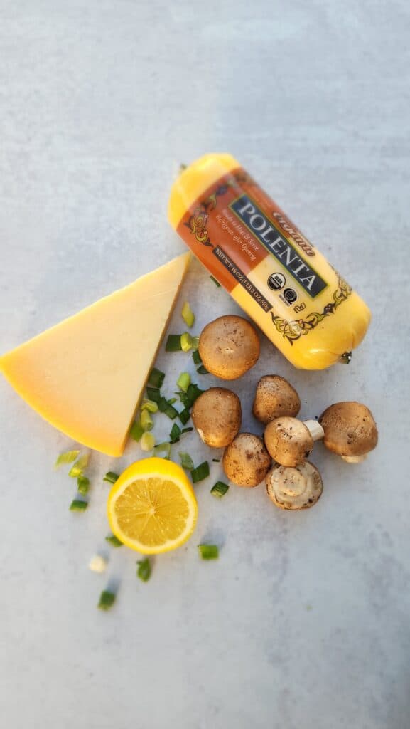 ingredients for a mushroom polenta bite: polenta, mushrooms, lemon, scallions, parmesan cheese