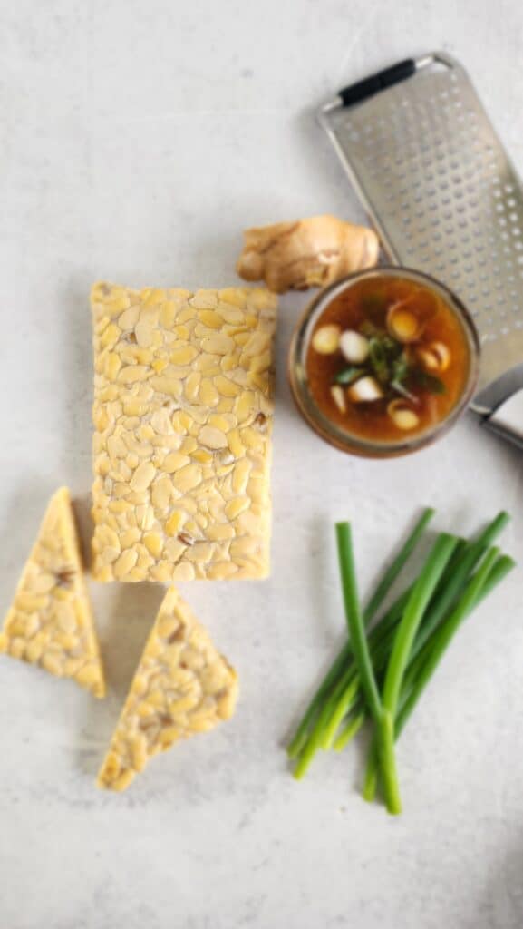 block of tempeh with ginger sesame sauce