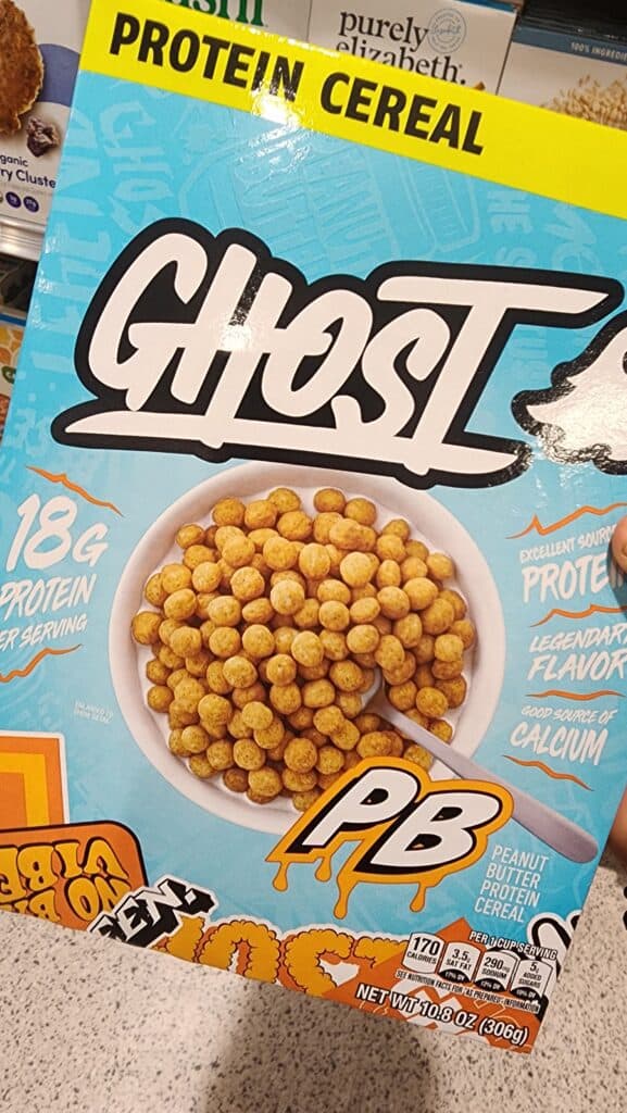 front of a cereal box labeled protein cereal